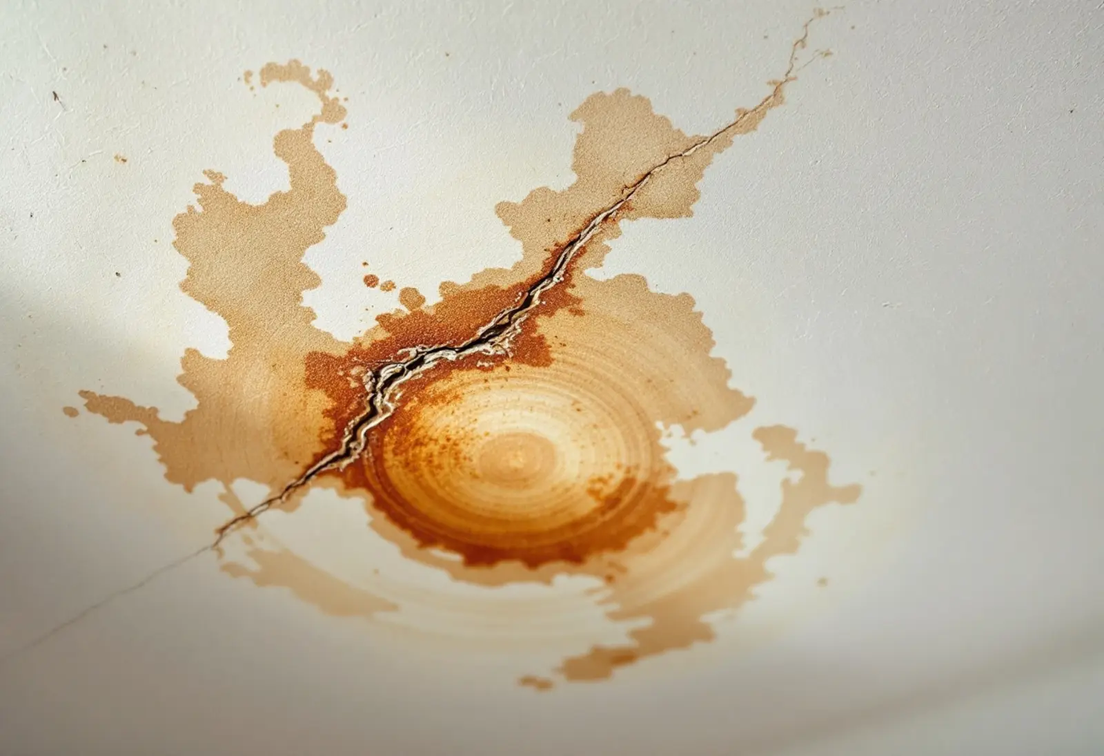 Auréole d'humidité étalée sur un plafond en béton peint d'un logement collectif, peinture écaillée, lumière d'hiver